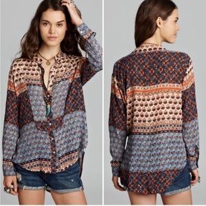 Free People Rayon Crepe Caravan Patchwork Printed Button Down size Medium